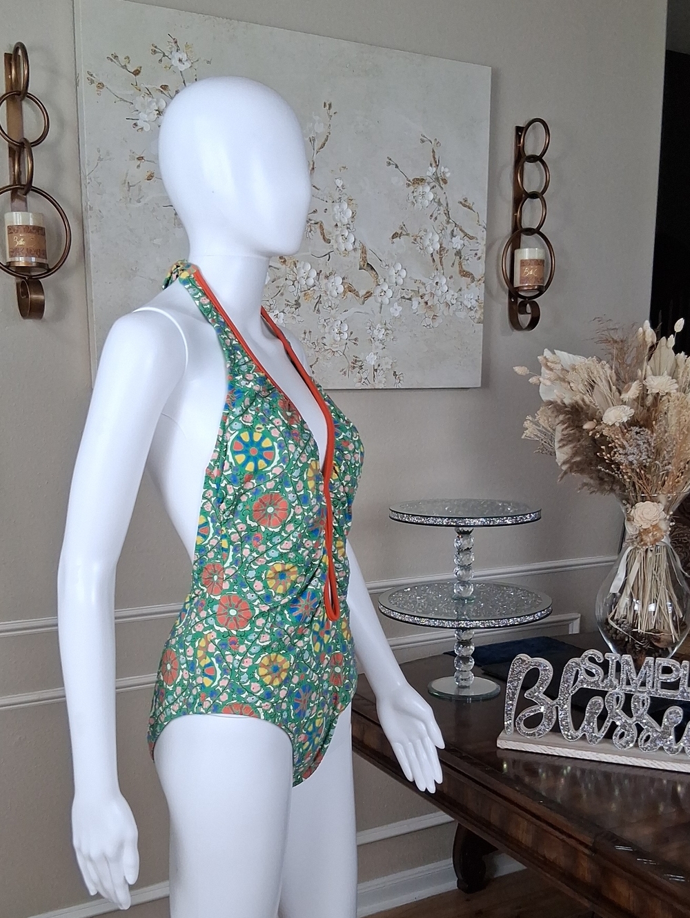 Women's Green Mosaic Halter V Neck One-Piece Swimsuit with Coral Trim Large - Picture 16 of 16